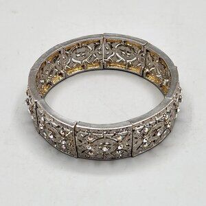 Silver Tone Iridescent Rhinestone Stretchy Cuff Bracelet Formal Statement